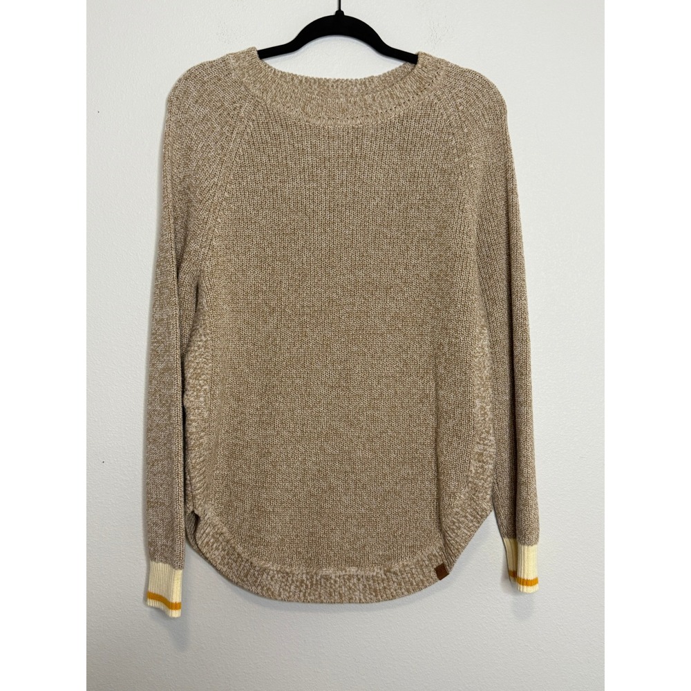 Roots Cabin Women Tan Marl Knit Raglan Crewneck Sweater Yellow Stripe Cuff M